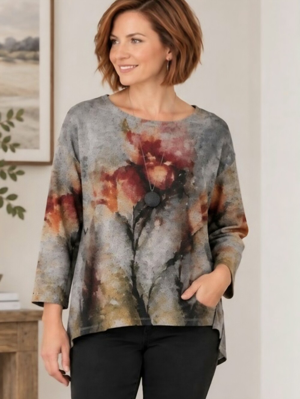 Lily London Lagom Abstract Floral Exposed Seam Textured Knit High Low Top